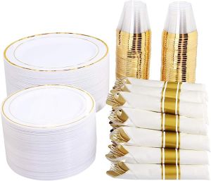 WELLIFE 350 Pieces Gold Plastic Plates - Disposable Silverware and Cups, Include
